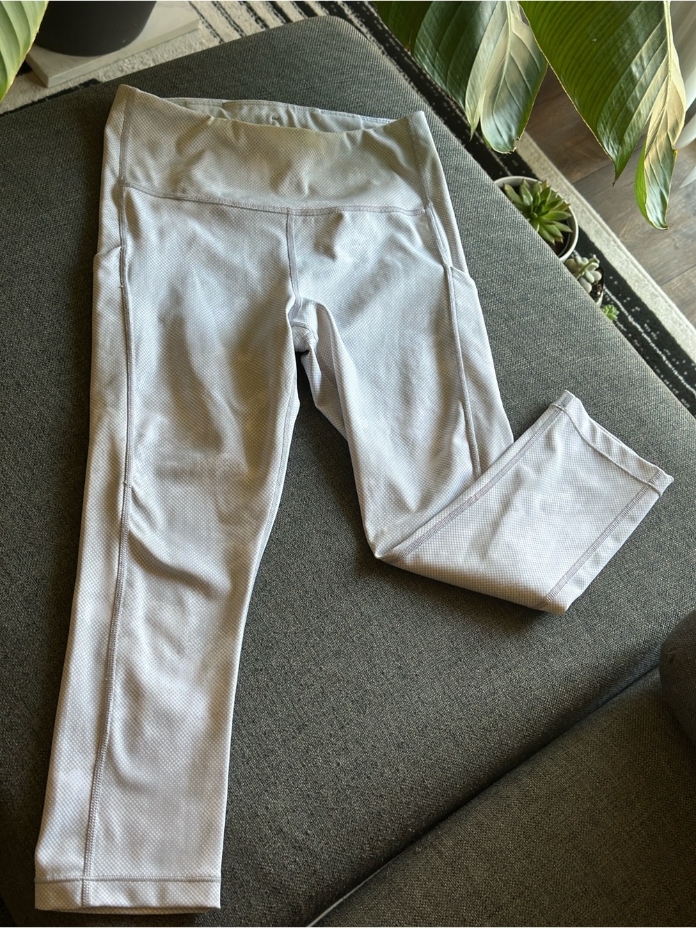 Athleta Light Gray Printed Capri with Subtle Dot Pattern